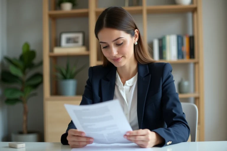 Femme professionnelle en blazer marine relisant son CV à son bureau à domicile, concentrée et déterminée