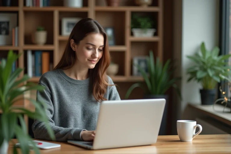 Femme utilisant un annuaire en ligne sur ordinateur portable pour trouver des alternatives à zone-annuaire