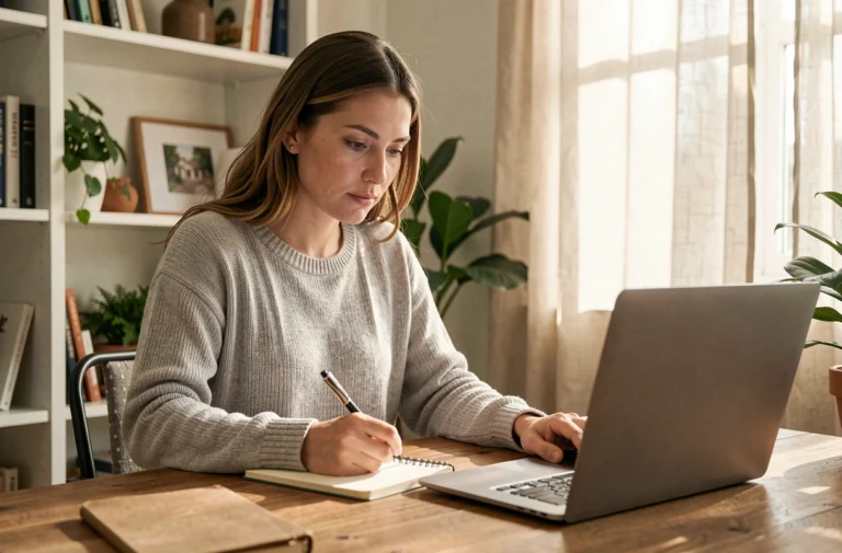 Femme consultant des offres immobilières en ligne sur son ordinateur portable dans un bureau à domicile