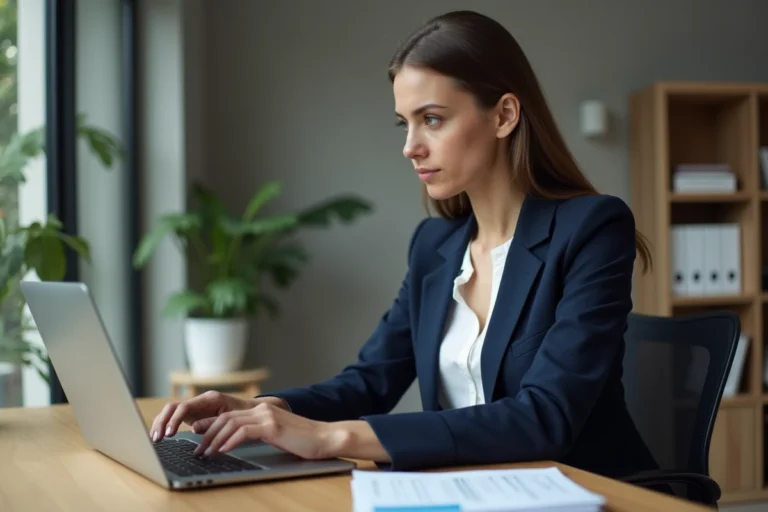 Femme consultant son relevé de compte Crédit Agricole en ligne sur un ordinateur portable dans un bureau à domicile