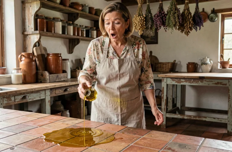 Femme renversant de l'huile d'olive sur le sol d'une cuisine rustique, expression de surprise, superstition populaire