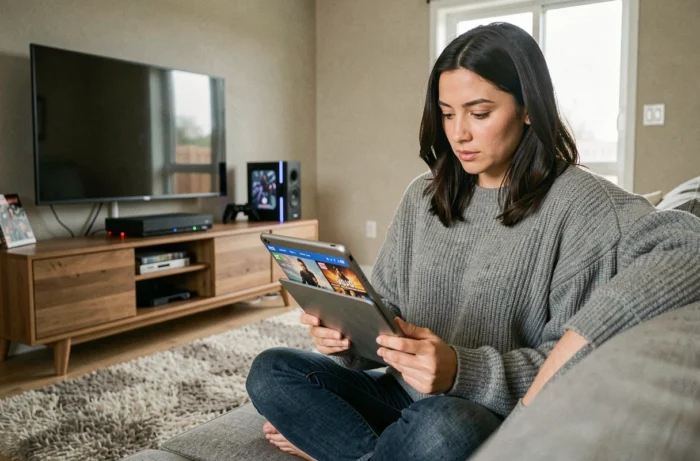 Femme achetant des jeux vidéo sur une tablette dans son salon avec une console de jeux en arrière-plan