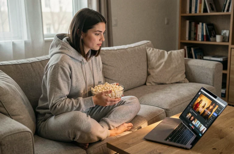 Jeune femme regardant un film en streaming sur son ordinateur portable dans son salon confortable