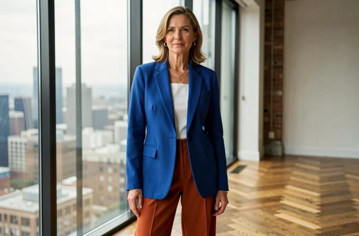 Femme élégante en tenue color block devant une grande fenêtre urbaine dans un loft contemporain tendance