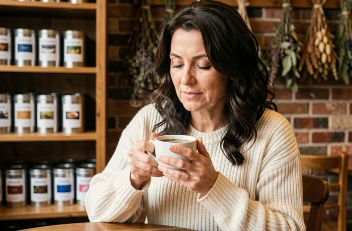 Femme savourant une tasse de thé bio dans un salon de thé chaleureux avec des étagères garnies de boîtes à thé en arrière-plan
