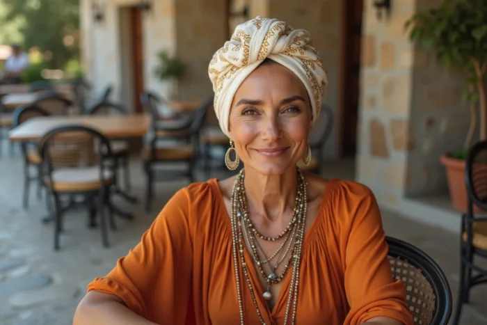Femme mature en turban ivoire et or avec robe maxi rouille assise en terrasse méditerranéenne