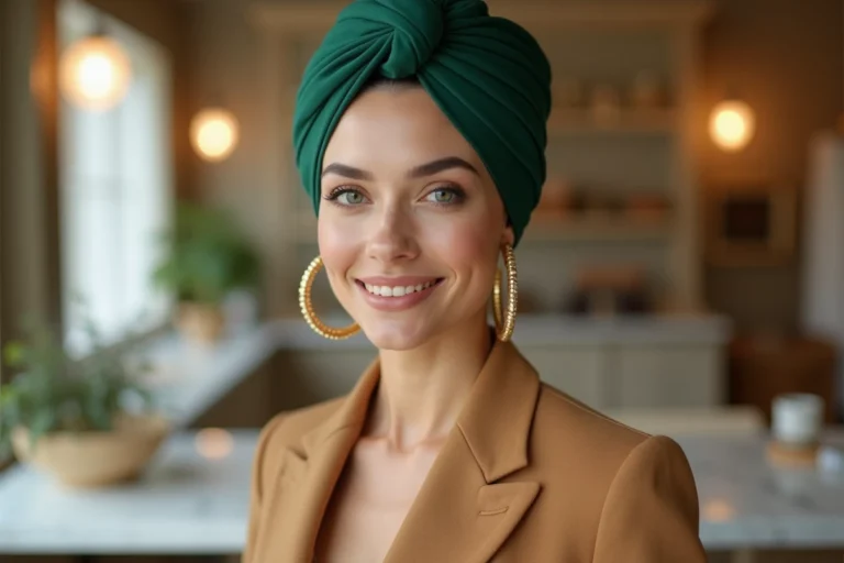 Femme élégante portant un turban en soie vert émeraude et un blazer camel dans une boutique parisienne