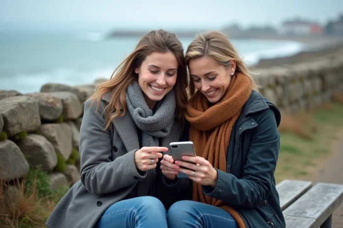 Deux femmes consultant le site Jolie Breizh sur un smartphone sur le bord de mer breton