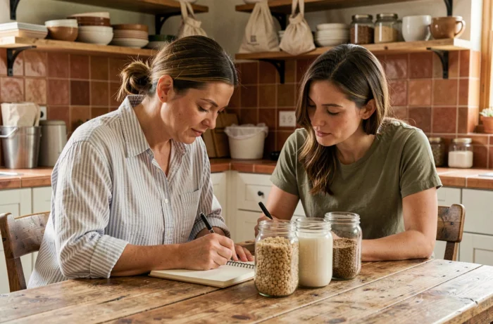 Deux femmes planifiant leurs habitudes écoresponsables autour d'une table en bois avec des aliments en vrac, adoptant un mode de vie sain