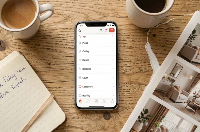 Vue aérienne d'un smartphone affichant le plan du site d'une boutique déco en ligne posé sur une table en bois avec carnet et café