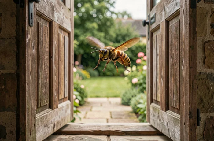 Frelon entrant par la porte ouverte d'une maison en pierre à la campagne, symbolisant l'arrivée d'un message spirituel ou d'un signe