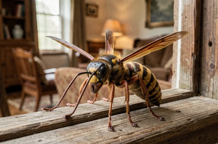 Frelon européen posé sur le rebord d'une fenêtre en bois à l'intérieur d'une maison rustique, symbolisant une présence spirituelle inattendue