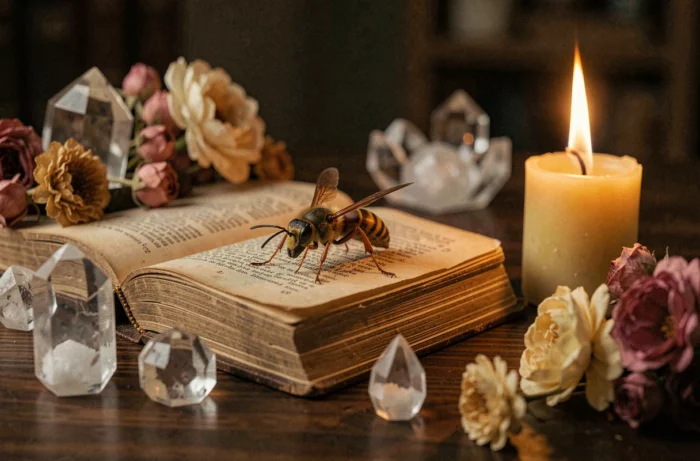 Frelon posé sur un livre ancien entouré de cristaux et de bougies dans un espace de méditation, symbole ésotérique et spirituel