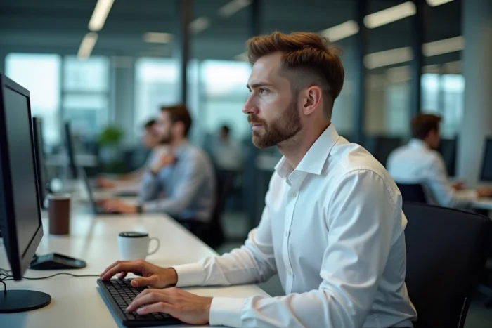 Employé gérant ses documents RH en ligne sur My People Doc dans un bureau professionnel