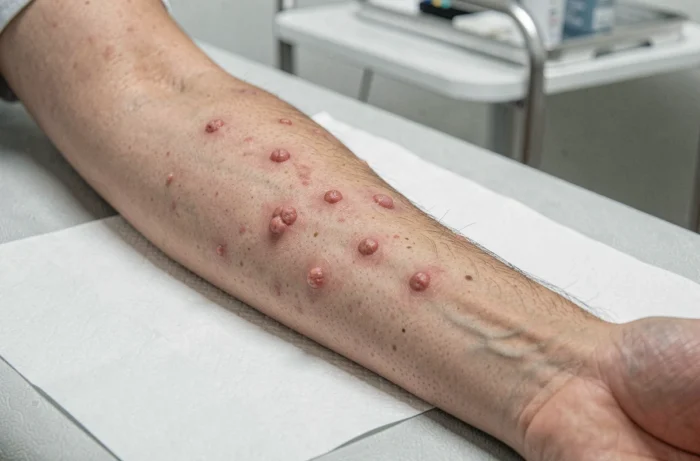 Gros plan sur des nodules inflammatoires sur l'avant-bras posé sur une table d'examen dermatologique