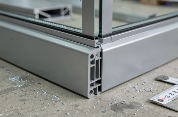 Gros plan sur un angle de profilé aluminium menuiserie avec finition RAL 9006 gris argent et joint d'étanchéité en atelier