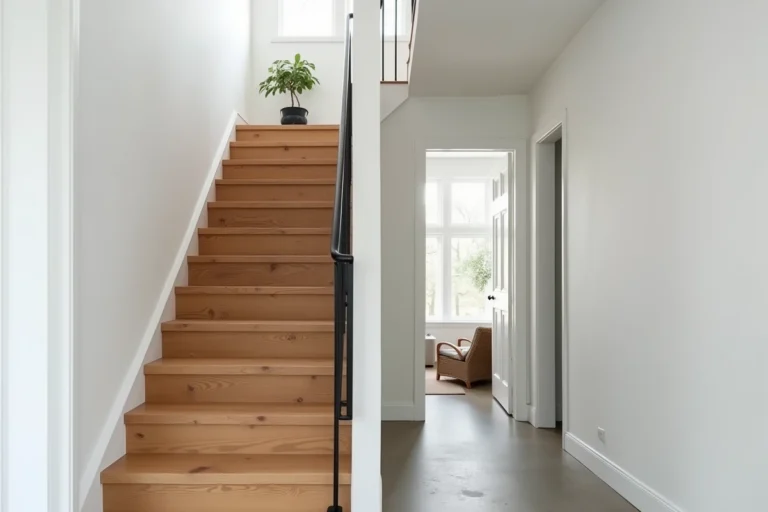 Habillage d'escalier en bois de chêne avec contremarches blanches dans un intérieur moderne minimaliste