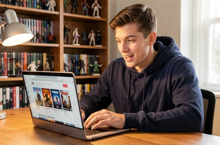 Jeune homme parcourant une boutique en ligne de jeux vidéo sur son ordinateur portable dans un bureau cosy