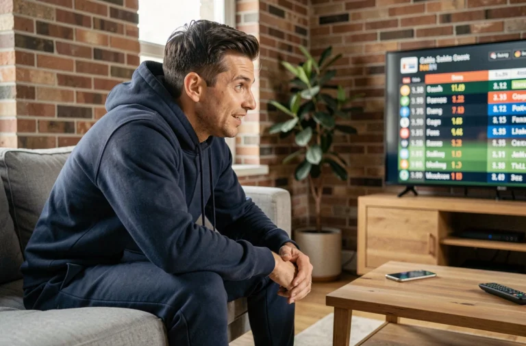 Homme regardant l'actualité sportive en temps réel sur un grand écran télé dans son salon moderne