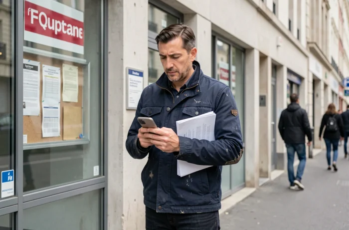 Homme tenant un dossier devant une agence pour l'emploi française, représentant la démarche d'obtention du RSA avec un salaire partiel