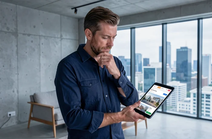 Homme consultant une application immobilière sur tablette dans un appartement moderne avec vue sur la ville