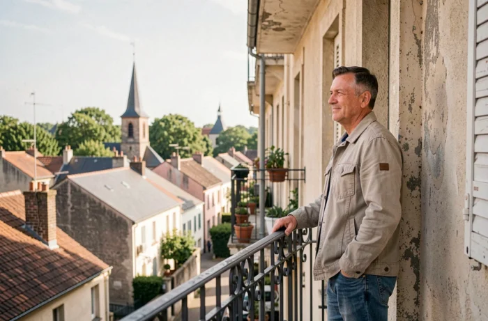 Homme sur le balcon d'un appartement avec vue sur les toits d'une ville de province française