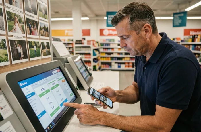 Homme comparant les tarifs et options d'impression sur une borne photo en hypermarché Leclerc pour économiser