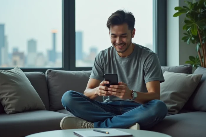 Homme sur un canapé consultant des codes promotionnels Webtoon sur son smartphone