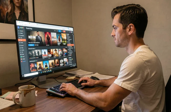 Homme parcourant un catalogue de films en streaming sur son ordinateur de bureau à domicile
