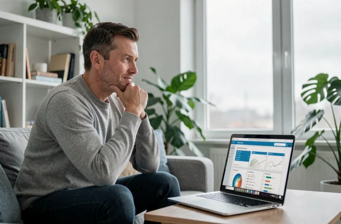Homme comparant des formations professionnelles en ligne sur un ordinateur portable chez lui pour booster sa carrière en 2024