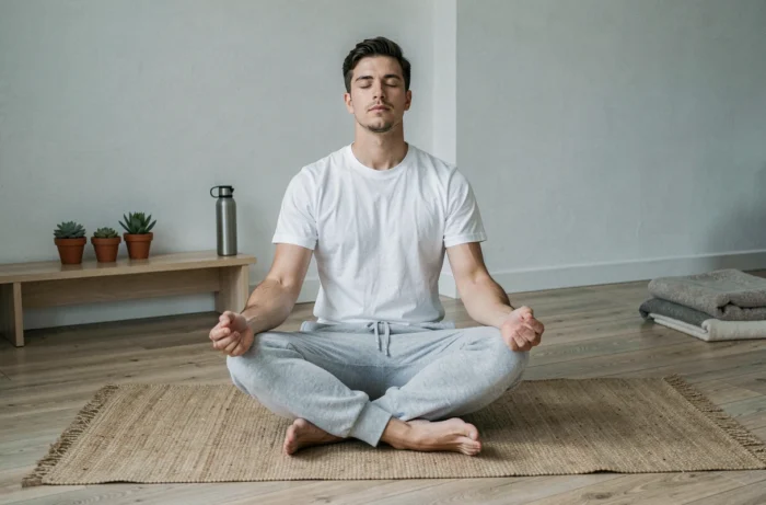 Homme méditant sur un tapis de yoga naturel dans un appartement minimaliste, illustrant un mode de vie éthique et conscient