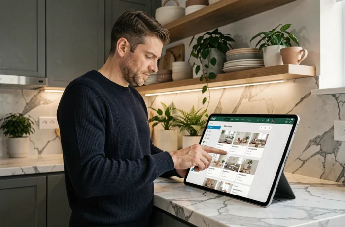 Homme consultant le plan de navigation d'une boutique de décoration en ligne sur une tablette dans une cuisine moderne