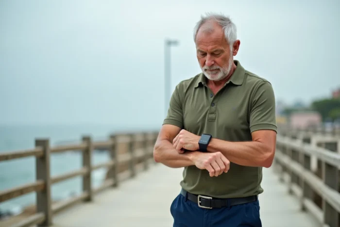 Homme de 55 ans consultant son bracelet connecté pendant une marche sur une promenade en bord de mer, mesurant ses pas et kilomètres parcourus