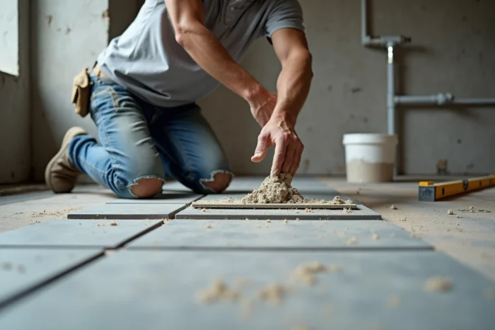 Homme posant des carrelages gris en porcelaine sur le sol d'une cuisine en rénovation, avec truelle et croisillons, dans un chantier intérieur réaliste