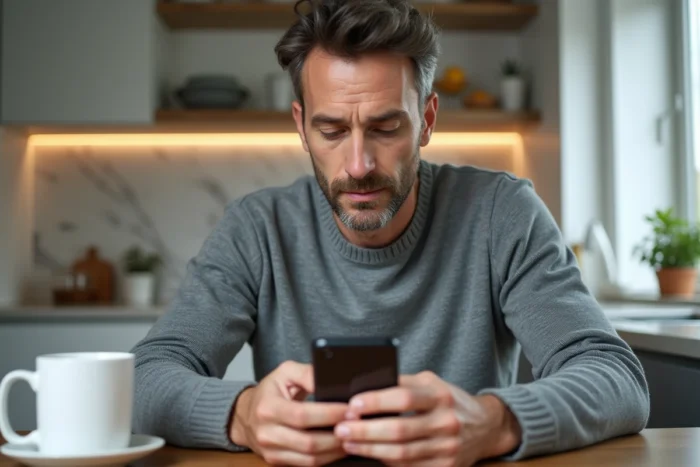 Homme accédant à son relevé bancaire Crédit Agricole sur smartphone dans une cuisine moderne