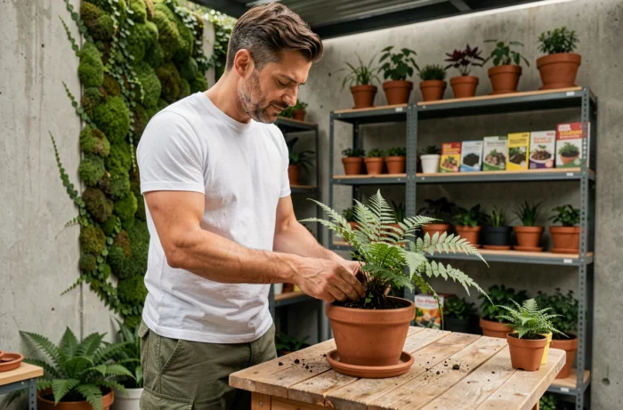 Homme en train de rempoter une fougère sur une terrasse urbaine aménagée avec des étagères de plantes en pot faciles à entretenir