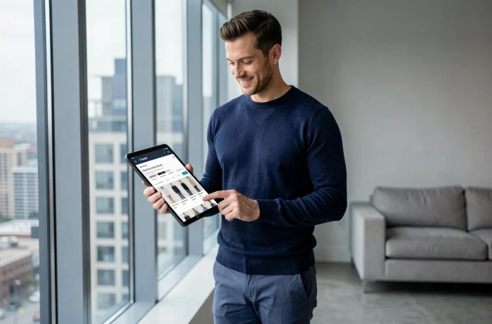 Homme consultant les rubriques d'un site de mode sur une tablette près d'une fenêtre avec vue urbaine