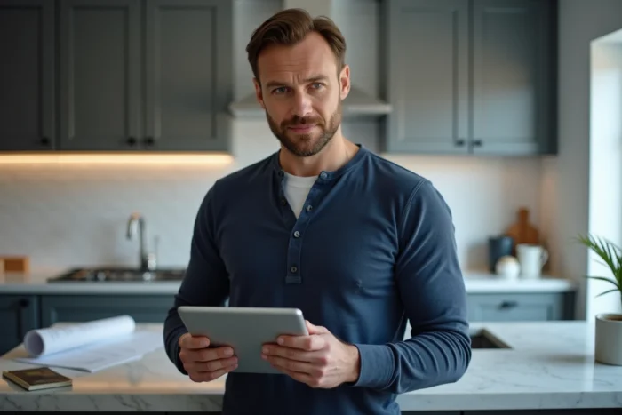Homme consultant le plan du site d'un guide habitat sur une tablette dans une cuisine moderne