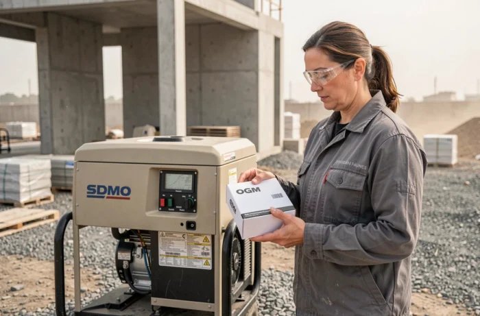 Technicienne sur chantier identifiant une pièce de remplacement pour un groupe électrogène SDMO portable