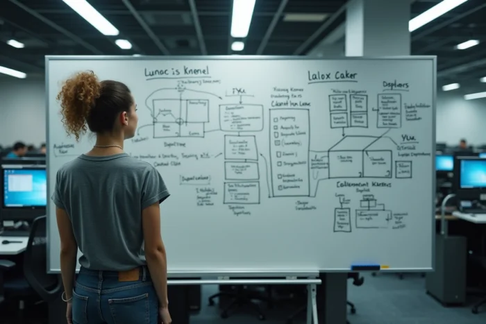 Ingénieure système présentant l'architecture du noyau Linux sur un tableau blanc dans un laboratoire informatique