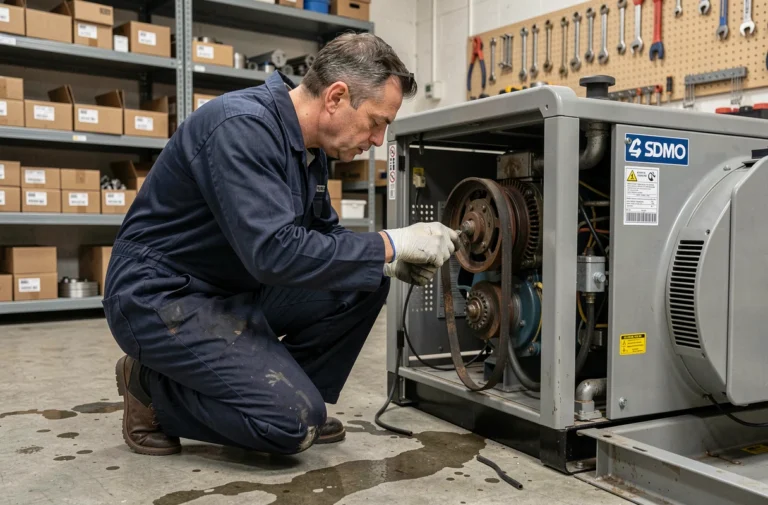 Technicien inspectant les pièces d'un groupe électrogène SDMO dans un atelier de maintenance industrielle