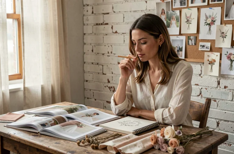 Femme cherchant l'inspiration pour organiser un mariage unique, entourée de magazines, échantillons de tissus et moodboard décoratif