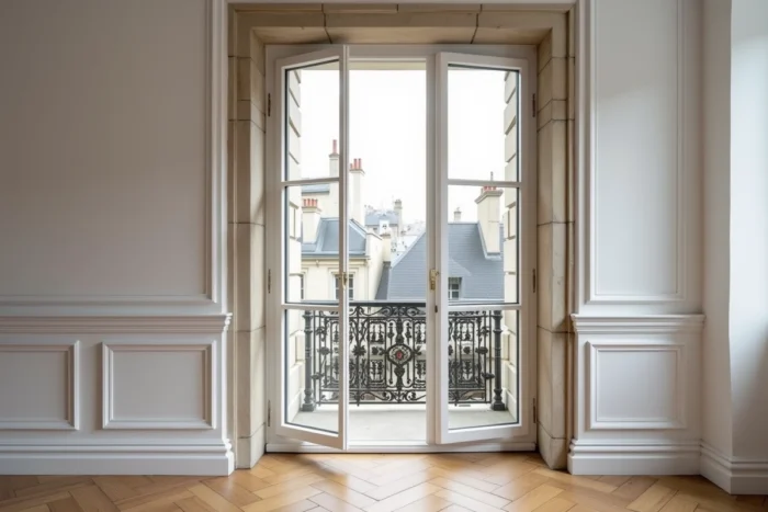 Nouvelle fenêtre double vitrage en PVC installée dans un appartement haussmannien parisien avec vue sur les toits