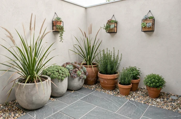 Coin de jardin moderne avec plantes résistantes à la sécheresse, graminées ornementales et gravier anti-mauvaises herbes