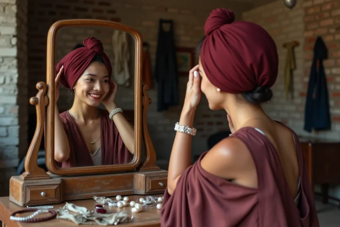 Jeune femme nouant un turban bordeaux devant un miroir vintage entouré d'accessoires de mode tendance