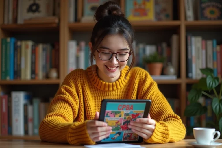 Jeune femme utilisant une tablette pour lire des webtoons et profiter de codes promotionnels