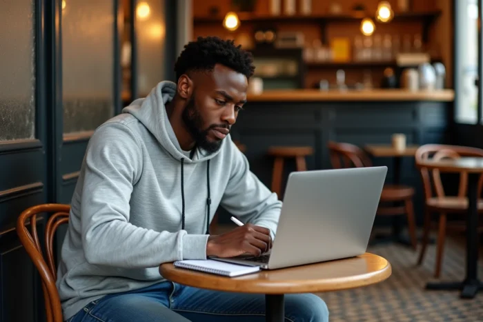 Jeune homme recherchant un logement social sur Loc Annonces depuis un café parisien