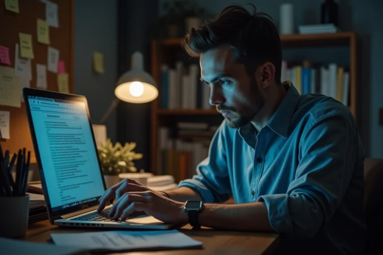 Journaliste d'investigation analysant une plateforme web mystérieuse sur son ordinateur dans un bureau encombré de dossiers