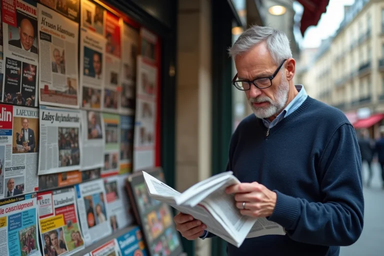 Kiosque à journaux parisien avec un vendeur lisant la presse française dans la rue