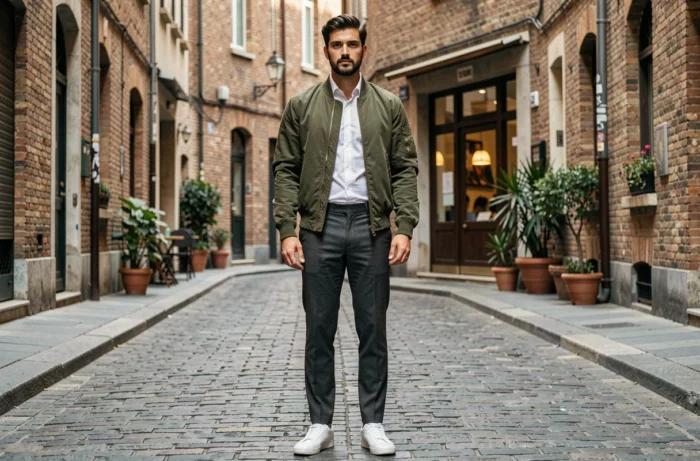 Homme tendance en veste bomber olive posant dans une rue pavée européenne avec un look urbain contemporain